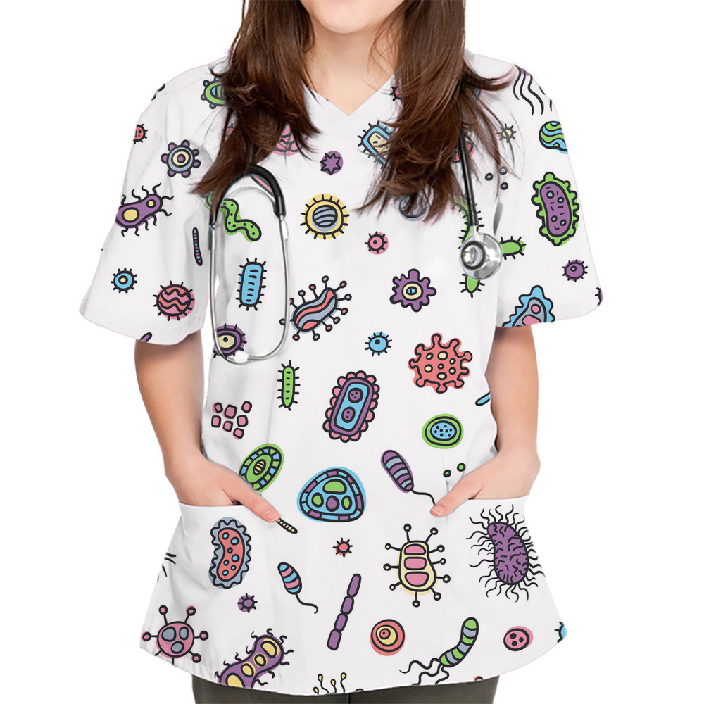 Medical Lab Uniform - Atasan Wanita Baru Motif Bakteriogram, Pakaian